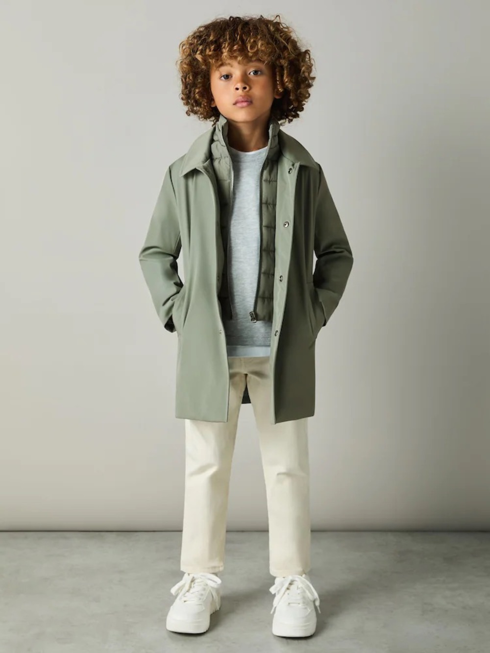 Reiss Sage Green Logan 6-7 yrs Gabardine Coat Removable Gilet Hybrid Funnel $175
